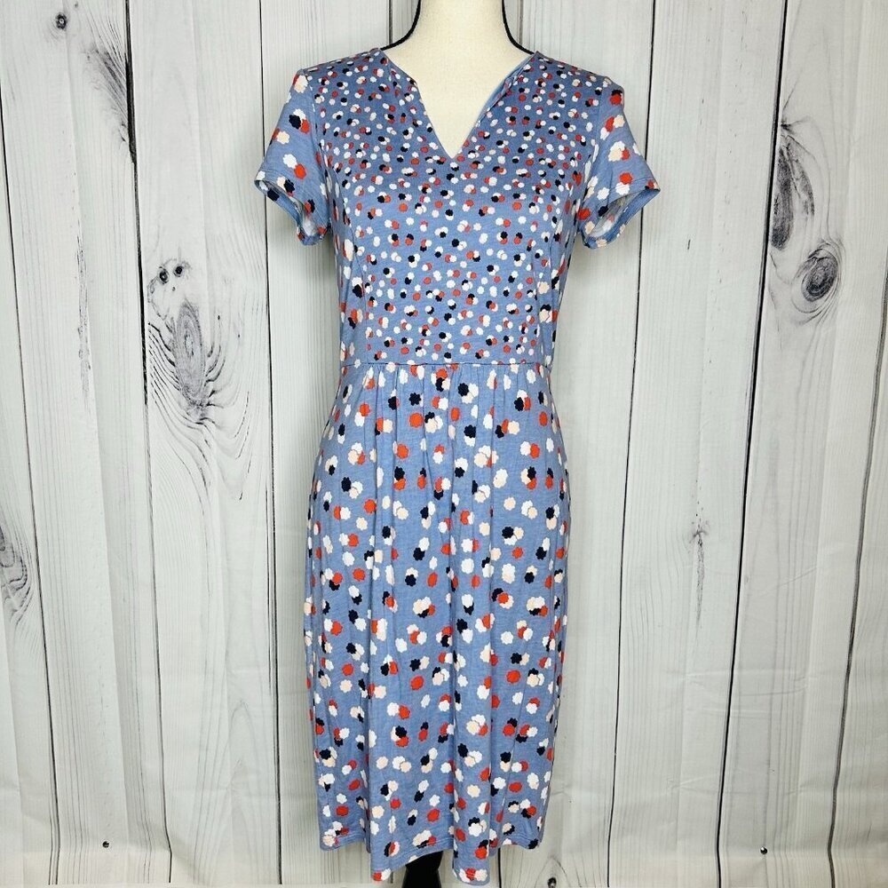 Boden Emory Jersey Sheath Midi Dress Womens Sz 6R Blue Polka Dot Cap Sleeves